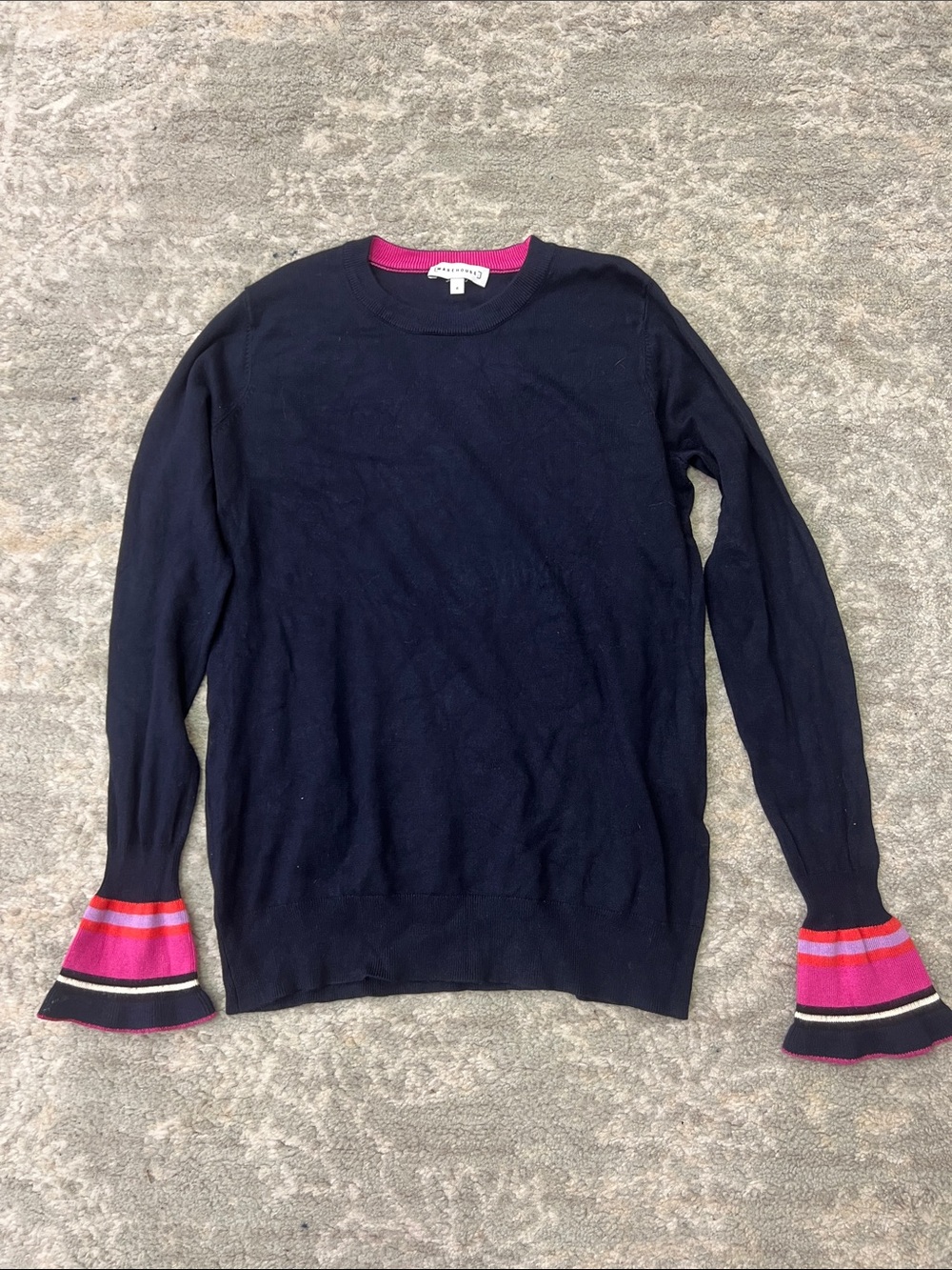 Navy Crewneck Sweater with Pink and Coral Stripe Bell Cuffs
